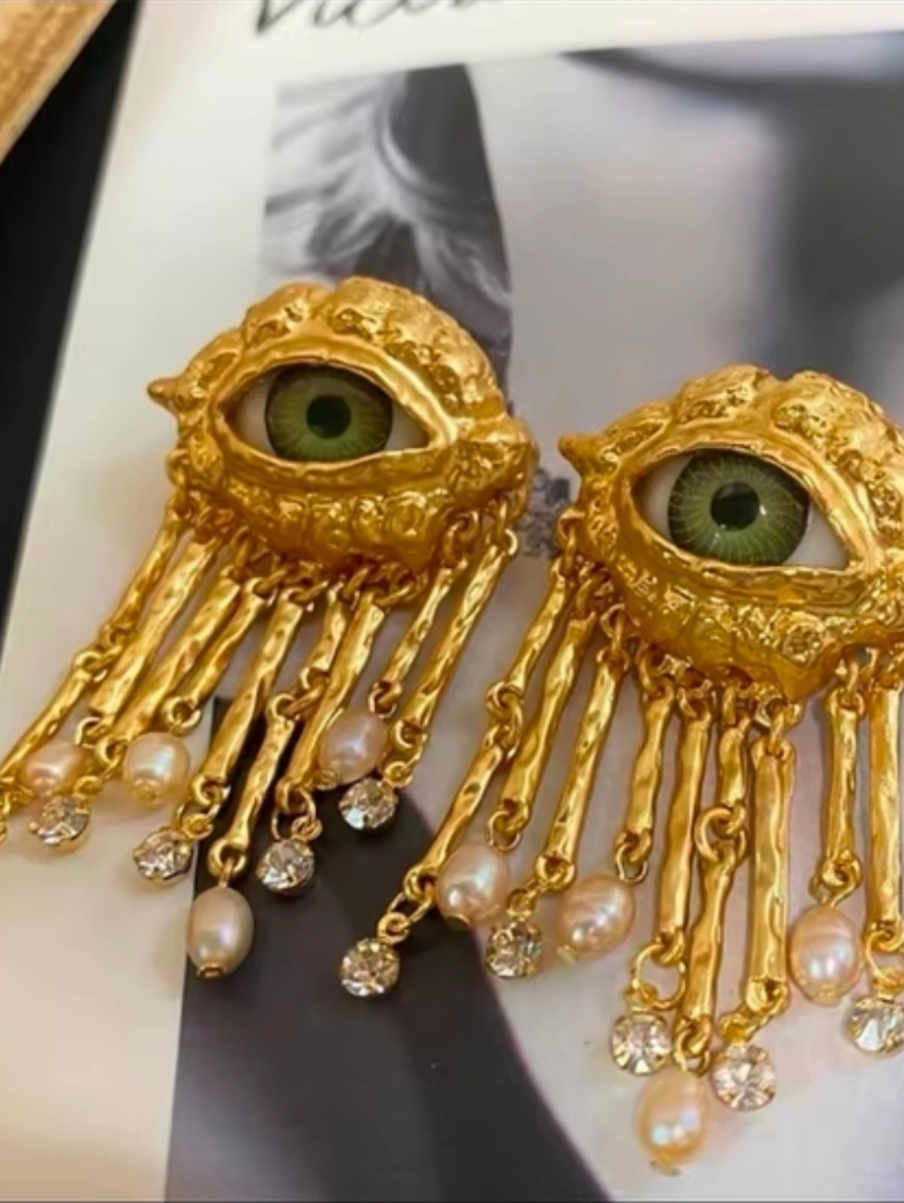 Gold Eye Drop Earrings with Green Iris and Pink Pearls - Picture 4 of 7